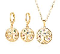 FDEETY Lebensbaum Schmuckset Ohrringe Halskette Damen Goldfarben Rund Anhänger Mehrfarbig Kristall Kette Creolen Elegante Schmuck