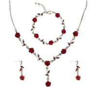 FDEETY Romantische Rote Rosen Blume Blatt Halskette Ohrstecker Armband Set Brautschmuck Hochzeit Brautjungfer Schmuck Set (Rot)
