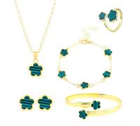 FDEETY Schmuck Set Glückliches Fünfblättriges Kleeblatt Legierung Schmuckset 5 Pcs Ring Ohrringe Armbänder Halskette ideal für Geschenke Besondere Anlässe und Frauen（Grün）