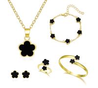 FDEETY Schmuck Set Glückliches Fünfblättriges Kleeblatt Legierung Schmuckset 5 Pcs Ring Ohrringe Armbänder Halskette ideal für Geschenke Besondere Anlässe und Frauen（Schwarz）