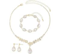 FDEETY Schmuck Set Tropfen Zirkonia Kupfer Schmuckset 3 Pcs Armbänder Ohrringe Halskette ideal für Bräute, besondere Anlässe und elegante Abendkleide（Golden）