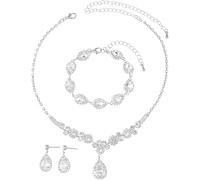 FDEETY Schmuck Set Tropfen Zirkonia Kupfer Schmuckset 3 Pcs Armbänder Ohrringe Halskette ideal für Bräute, besondere Anlässe und elegante Abendkleide（Silber）