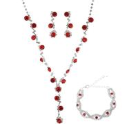 FDEETY Schmuckset Damen Braut Strass Halskette Ohrringe Armbänder Sets Brautjungfer Schmuckset Geschenk Brautschmuck Hochzeit für Braut Brautjungfer (Rot)