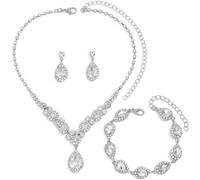 FDEETY Schmuckset Damen Brautschmuck Schmuck Hochzeit Set Hochzeitsschmuck Braut Strass Kristall Halskette Armband Anhänger Ohrring Set Kostüm Schmuck Set Braut Hochzeit Party (Silber)