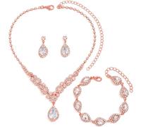 FDEETY Schmuckset Damen Brautschmuck Schmuck Hochzeit Set Hochzeitsschmuck Braut Strass Kristall Halskette Armband Anhänger Ohrring Set Kostüm Schmuck Set Braut Hochzeit Party (Rosa)