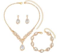 FDEETY Schmuckset Damen Brautschmuck Schmuck Hochzeit Set Hochzeitsschmuck Braut Strass Kristall Halskette Armband Anhänger Ohrring Set Kostüm Schmuck Set Braut Hochzeit Party (Gold)
