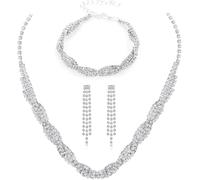 FDEETY Schmuckset Damen Brautschmuck Schmuck Hochzeit Set Hochzeitsschmuck Braut Strass Kristall Halskette Armband Anhänger Ohrring Set Kostüm Schmuck Set Braut Hochzeit Party (Silber-1)