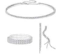FDEETY Schmuckset für Damen Braut Strass Kristall Halskette Armband Anhänger Ohrrings Set Prom Kostüm Schmuck Set Braut Hochzeit Party (Silber)