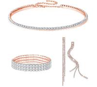 FDEETY Schmuckset für Damen Braut Strass Kristall Halskette Armband Anhänger Ohrrings Set Prom Kostüm Schmuck Set Braut Hochzeit Party (Roségold)