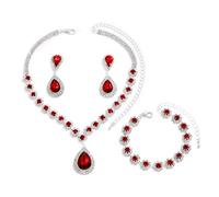 FDEETY Schmuckset für Damen Modische Elegante Schmuck Braut Tropfen Halskette Armbänder Strass Ohrringe Set Anhänger Schmuck Set Geschenke Schmuck(Rot)
