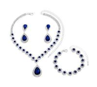 FDEETY Schmuckset für Damen Modische Elegante Schmuck Braut Tropfen Halskette Armbänder Strass Ohrringe Set Anhänger Schmuck Set Geschenke Schmuck(Blau)