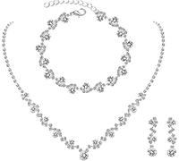 FDEETY Schmuckset für Damen Strass Brautschmuck Halskette Ohrrings Armband Set mit Kristallen Hochzeit Verlobung Brautjungfer Kleider Abschlussball Schmuck (Silber)