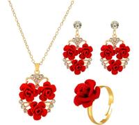FDEETY Herzform Rosen Schmuckset Halskette Ohrringe Ring Kristall Strass Damen Schmuck Elegant Hochzeit Jubiläum Schmuckkollektion