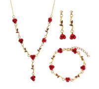 FDEETY Schmuckset Rosen Blumen Kette Armband Ohrringe Damen Schmuck Elegant Hochzeit Schmuckstück Geschenkidee