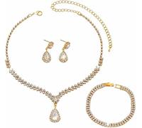 FDEETY Schmuckset Strass Halskette Armband Ohrringe Sets Prom Kostüm Schmuck Set Braut Hochzeit Party für Frauen und Mädchen(Gold)