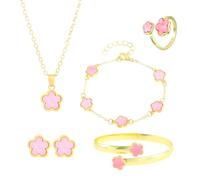 FDEETY Schmuckset Verstellbar Legierung Blumenschmuck mit Ohrringe Halskette Armband Ring Anhänger Party Schmuck Set für Frauen und Mädchen(Rosa farbe)