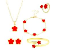 FDEETY Schmuckset Verstellbar Legierung Blumenschmuck mit Ohrringe Halskette Armband Ring Anhänger Party Schmuck Set für Frauen und Mädchen(Rosig)