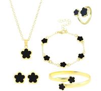 FDEETY Schmuckset Verstellbar Legierung Blumenschmuck mit Ohrringe Halskette Armband Ring Anhänger Party Schmuck Set für Frauen und Mädchen(Schwarz)