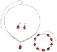 FDEETY Schmucksets für Damen Mode Schmuckset aus Versilberte Edelstein Anhänger Halskette Ohrring Ohrstecker Set Geschenk für Frau(Rot)