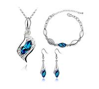 FDEETY Strass Brautschmuck Set Österreichischer Kristall Halskette Armband Ohrring Set für Damen Mädchen Engels Tränen Schmuck Set, Blau