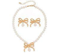 FDEETY Weihnachtsschmuck Set Damen Perlen Set Schleife Collier und Ohrringe Geschenkidee für Weihnachten, Party, Valentinstag