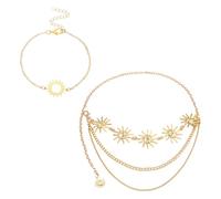 FDGGT 1 Mehrschichtige Taillenkette, 1 Armband, Sonnenschmuck, Dreischichtige Taillenkette, Verstellbare Dekorationen, Damenbekleidungszubehör