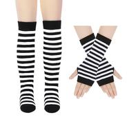 FDGGT 1 Paar Gestreifte Kniestrümpfe Und 1 Paar Gestreifte Handschuhe, Mädchenstrümpfe, Elastische Water Bottleocken, Fingerlose Handschuhe, Lange Strickhandschuhe