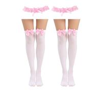 FDGGT 2 Paar Rosa Overknee-Socken Und 2 Rosa Spitzen-Beinringe, Damen-Schleifensocken, Süße Damensocken, Bekleidungszubehör