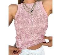 fdsmall Damen Funkelnde Paillette Ärmelloses Tank Top Y2k Mock Neck Glänzende Cropped Weste Tops Leopard Print Party Nacht Mardi Gras Clubwear (Pink, L)