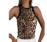 fdsmall Damen Funkelnde Paillette Ärmelloses Tank Top Y2k Mock Neck Glänzende Cropped Weste Tops Leopard Print Party Nacht Mardi Gras Clubwear (Leopard, M)