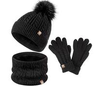 fdsmall Kinder Winter Hut Schal und Handschuhe Set, 3pcs gestrickte Wärme Häkeln Dicke flauschige Gaiter Snood Schal Hut Zwei Finger Touchscreen Handschuhe Set mit Kunstfell (Black)