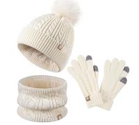 fdsmall Kinder Winter Hut Schal und Handschuhe Set, 3pcs gestrickte Wärme Häkeln Dicke flauschige Gaiter Snood Schal Hut Zwei Finger Touchscreen Handschuhe Set mit Kunstfell (White)