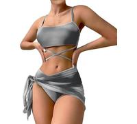 fdsmall Women's Bikini Set Low Waist String Triangle Bikini with Skirt 3 Piece Bikini Swimsuit Tie Dye High-Cut Swimwear Swimming Trunks (DE/NL/SE/PL, Alphanumerisch, S, Regular, Regular, Grey)