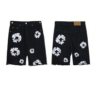 FDTURES 2024 Deni Trendy Mode Baumwolle Blume Denim Shorts Für Männer, Weiße Blume Blume Muster Gedruckt Pentagram Hose, Sommer Hot Pants Für Frauen-color2||M