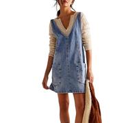 FEATEFACE Damen Ärmelloses Casual Jeanskleid V-Ausschnitt Vintage Lehrerkleider Mini Verstellbarer Riemen Pulloverkleid mit Taschen, hellblau, XL