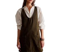 FEATEFACE Damen Ärmelloses Casual Jeanskleid V-Ausschnitt Vintage Lehrerkleider Mini Verstellbarer Riemen Pulloverkleid mit Taschen, dunkelgrün, L