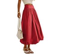FEATEFACE Damen-Maxirock, Sommer, Rüschen, Ballonrock, lässig, fließend, A-Linie, langer Rock, elastischer Rüschenrock, rot, XL
