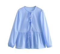 FEATEFACE Damen-Puff-Shirt, langärmelig, Schößchen, niedliches Babydoll-Bluse, vorne zum Binden, 2024, Herbstmode, Schleife, Rundhalsausschnitt, Blusen, blau, S