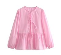 FEATEFACE Damen-Puff-Shirt, langärmelig, Schößchen, niedliches Babydoll-Bluse, vorne zum Binden, 2024, Herbstmode, Schleife, Rundhalsausschnitt, Blusen, rose, M