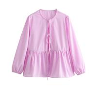 FEATEFACE Damen-Puff-Shirt, langärmelig, Schößchen, niedliches Babydoll-Bluse, vorne zum Binden, 2024, Herbstmode, Schleife, Rundhalsausschnitt, Blusen, Rosa 2, L