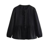 FEATEFACE Damen-Puff-Shirt, langärmelig, Schößchen, niedliches Babydoll-Bluse, vorne zum Binden, 2024, Herbstmode, Schleife, Rundhalsausschnitt, Blusen, Schwarz , M