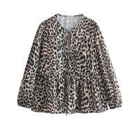 FEATEFACE Damen-Puff-Shirt, langärmelig, Schößchen, niedliches Babydoll-Bluse, vorne zum Binden, 2024, Herbstmode, Schleife, Rundhalsausschnitt, Blusen, leopard, S