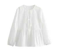 FEATEFACE Damen-Puff-Shirt, langärmelig, Schößchen, niedliches Babydoll-Bluse, vorne zum Binden, 2024, Herbstmode, Schleife, Rundhalsausschnitt, Blusen, weiß, M