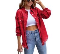 FEATEFACE Damen-Shacket mit Knopfleiste, ausgefranster Saum, lange Ärmel, Taschen, Denim-Jeansjacke mit Tasche, zerrissene Fransen, rot, 38