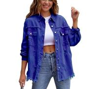 FEATEFACE Damen-Shacket mit Knopfleiste, ausgefranster Saum, lange Ärmel, Taschen, Denim-Jeansjacke mit Tasche, zerrissene Fransen, blau, 42
