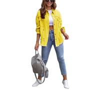 FEATEFACE Damen-Shacket mit Knopfleiste, ausgefranster Saum, lange Ärmel, Taschen, Denim-Jeansjacke mit Tasche, zerrissene Fransen, gelb, 48