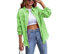 FEATEFACE Damen-Shacket mit Knopfleiste, ausgefranster Saum, lange Ärmel, Taschen, Denim-Jeansjacke mit Tasche, zerrissene Fransen, lichtgrün, L