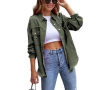 FEATEFACE Damen-Shacket mit Knopfleiste, ausgefranster Saum, lange Ärmel, Taschen, Denim-Jeansjacke mit Tasche, zerrissene Fransen, military green, S