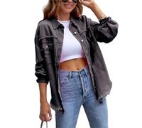 FEATEFACE Damen-Shacket mit Knopfleiste, ausgefranster Saum, lange Ärmel, Taschen, Denim-Jeansjacke mit Tasche, zerrissene Fransen, dunkelgrau, 48
