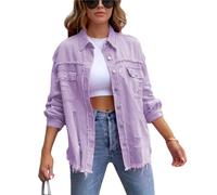 FEATEFACE Damen-Shacket mit Knopfleiste, ausgefranster Saum, lange Ärmel, Taschen, Denim-Jeansjacke mit Tasche, zerrissene Fransen, hellviolett, L